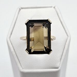 Vintage Signed 10K GF Large Emerald Cut Smoky Topaz Cocktail Ring Size 7.25